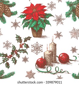 Seamless pattern with sketch of Christmas and New Year holidays decorations. Hand drawn plants, candles and snowflakes on white background. 