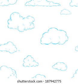 Seamless Pattern of Sketch Clouds on White Background