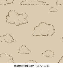 Seamless Pattern of Sketch Clouds on Brown Background