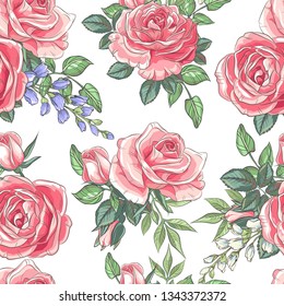 Seamless pattern with sketch colorful blossoms. Wallpaper with hand drawn roses and leaves. Vector illustration