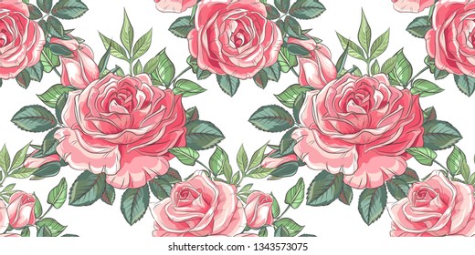 Seamless pattern with sketch colorful blossoms. Wallpaper with hand drawn roses and leaves. Vector illustration