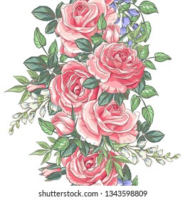 Seamless pattern with sketch colorful blossoms. Wallpaper with hand drawn roses and leaves. Vector illustration