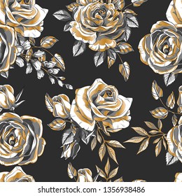 Seamless pattern with sketch colorful blossoms. Wallpaper with hand drawn roses and leaves. Vector illustration