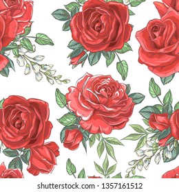 Seamless pattern with sketch colorful blossoms. Wallpaper with hand drawn red roses and leaves. Vector illustration