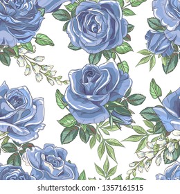 Seamless pattern with sketch colorful blossoms. Wallpaper with hand drawn blue roses and leaves. Vector illustration
