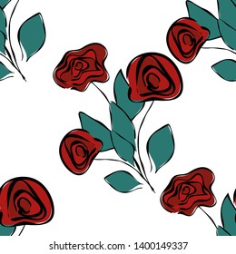 Seamless pattern with sketch colorful blossoms. Wallpaper with hand drawn roses and leaves. Vector illustration