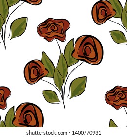 Seamless pattern with sketch of colorful blossoms. Wallpaper with hand drawn roses and leaves. Vector illustration