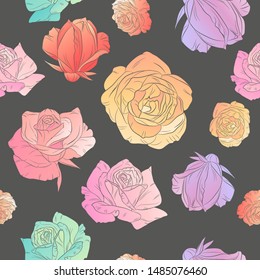 Seamless pattern with sketch colorful blossoms. Wallpaper with hand drawn roses. Vector illustration