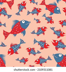 Seamless pattern, Sketch colorful fish, print for T shirts, textiles, wrapping paper, web, red and blue. 