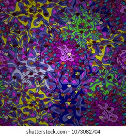 Seamless pattern Sketch cute background. Doodles violet, black, purple, blue and yellow on colors. Nice pattern for wrapping paper vector