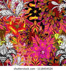 Seamless pattern Sketch cute background. Doodles black, orange, magenta, white and yellow on colors. Nice pattern for wrapping paper vector