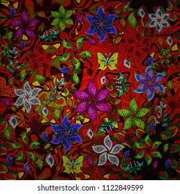 Seamless pattern Sketch cute background. Doodles red, black and green on colors. Nice pattern for wrapping paper vector.