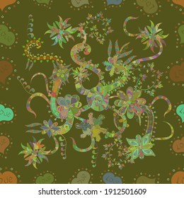 Seamless pattern Sketch cute background. Doodles green, neutral and brown on colors. Nice pattern for wrapping paper vector.
