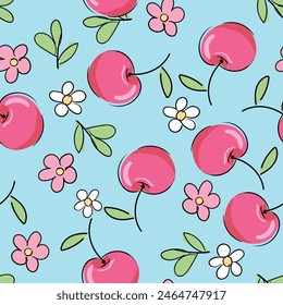 Seamless pattern Sketch Cute Cherry and flowers Background, Print Design Blossom for Textile Vector Illustration