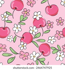 Seamless pattern Sketch Cute Cherry and flowers Background, Print Design Blossom for Textile Vector Illustration