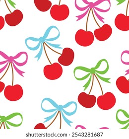 Seamless pattern Sketch Cute Cherry and bow Background, Print Design for Textile Vector Illustration