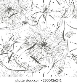 Seamless pattern. Sketch. Dandelions and snail