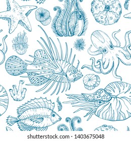 Seamless pattern with sketch of deepwater living organisms, vector illustration