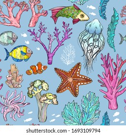 Seamless pattern with sketch of deepwater living organisms, fish and algae, vector illustration