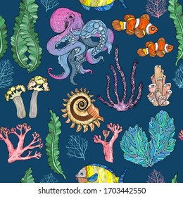 Seamless pattern with sketch of deepwater living organisms, fish and octopus, vector illustration