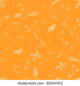 Seamless pattern sketch depicting flowers, herbs, leaves, clover, sunflower, petals, roses orange shades