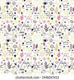 Seamless pattern with sketch design elements. Scandinavian style. Hand drawn doodles. Tattoo samples. Vector illustration