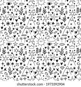 Seamless pattern with sketch design elements. Tattoo samples. Scandinavian style. Hand drawn doodles. Vector illustration