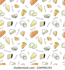 Seamless pattern of sketch of different cheeses with names cheeses. Vector set contours of dairy products. Doodle set cheese.