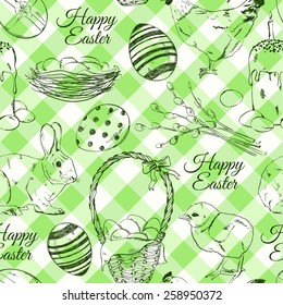 Seamless pattern of sketch Easter symbols and greeting text on a green tartan background