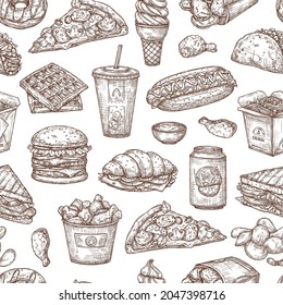 Seamless pattern with sketch fast food. Hand drawn vector background with pizza, burger, hot dog, waffles, sandwich, soda.
