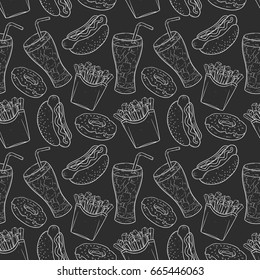 seamless pattern of sketch fast food with hot dogs, donuts and french fries on black background