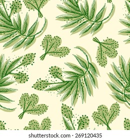 Seamless pattern with sketch floral elements. Green tree branches on a light background.