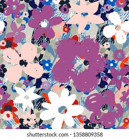 Seamless pattern with  sketch flowers, paint spots. Grunge floral background. Repeating summer print. Abstract art texture. Fabric design, wallpaper