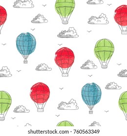 Seamless pattern with sketch flying air balloons. Vector illustration.