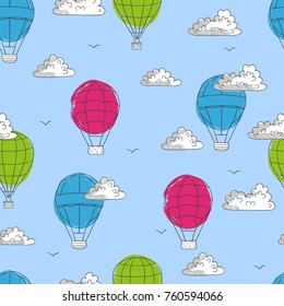 Seamless pattern with sketch flying air balloons. Colorful cartoon vector illustration.