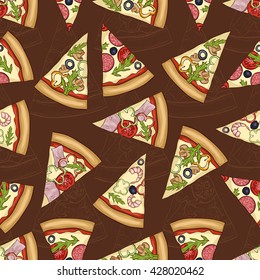 Seamless pattern sketch with four types of pizza
