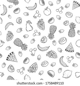 Seamless pattern with sketch fruits in retro style. Vector hand drawn doodle illustration