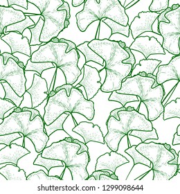 seamless pattern with sketch ginkgo biloba tree branch on white background