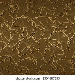 seamless pattern with sketch ginkgo biloba tree branch  on brown background