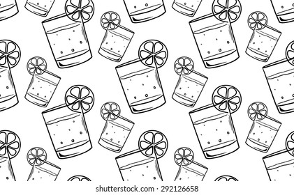 Seamless pattern with sketch glass  and a slice of lemon