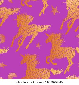 Seamless pattern of sketch golden unicorns with a starry sky on a purplish pink background.