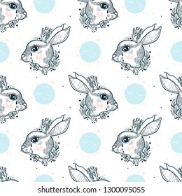 Seamless pattern sketch graphic illustration rabbit magic with mystic and occult hand drawn symbols. Vector illustration