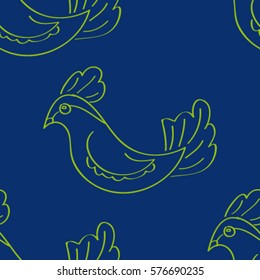 seamless pattern sketch green birds on a blue background of contrasting color, vector illustration