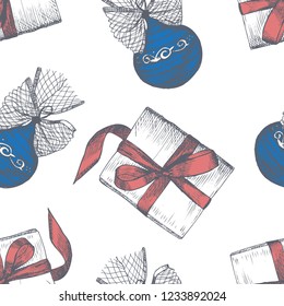 Seamless pattern with sketch hand drawn Christmas balls