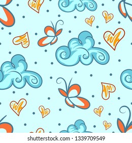 Seamless pattern sketch hand drawn pastel concept. Butterfly, cloud and heart in a doodle outline style .  Childish illustration for baby products.