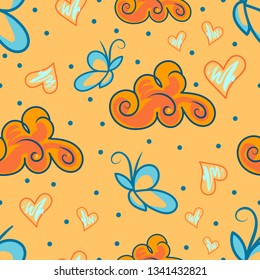 Seamless pattern sketch hand drawn sunny concept. Butterfly, cloud and heart in a doodle outline style .  Childish illustration for baby products.