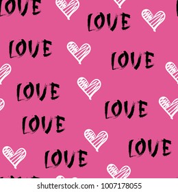 Seamless Pattern With Sketch Hearts And Love Lettering Valentines Day Background Vector Illustration