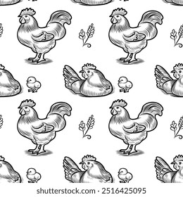 Seamless pattern sketch of hen, rooster, chicken. Different poses of bird sitting, standing. Vintage illustration. Element for fabric, packaging and postcard design.