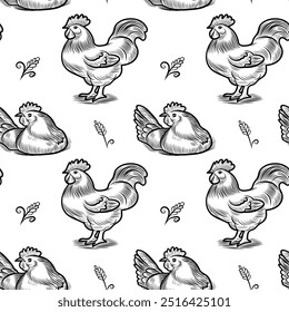 Seamless pattern sketch of hen, rooster, chicken. Different poses of bird sitting, standing. Vintage illustration. Element for fabric, packaging and postcard design.