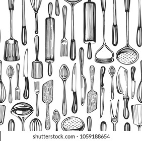 Seamless pattern with sketch kitchenware